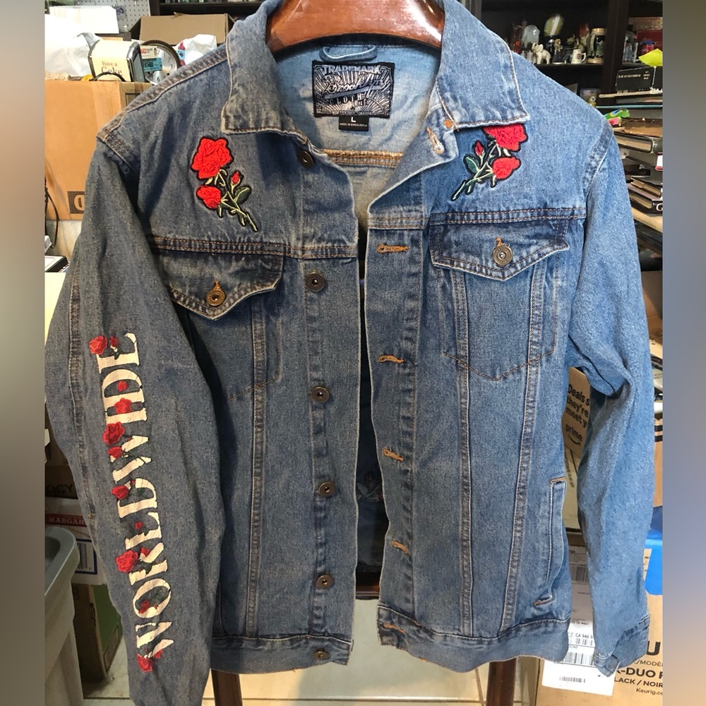 Brooklyn Cloth Blue Denim Floral Embroidered Worldwide Culture Jacket Size L
